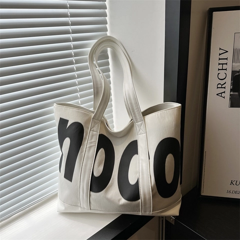 Borsa Tote Da Donna Di Grande Capacità Pelle PU Stampa Di Lettere Minimalista Urbano Borsa A Spalla Pendolare Chiusura Lampo