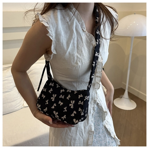 Borsa A Spalla Con Stampa Fiocco Vintage Donna Tessuto Tracolla Arricciata Borsa Hobo Sottobraccio Accessorio Moda