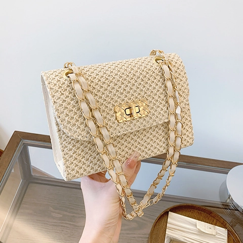 Women Fashion Straw Woven Crossbody Bag Simple Chain Small Square Bag Shoulder Bag For Summer Vacation Beach Casual