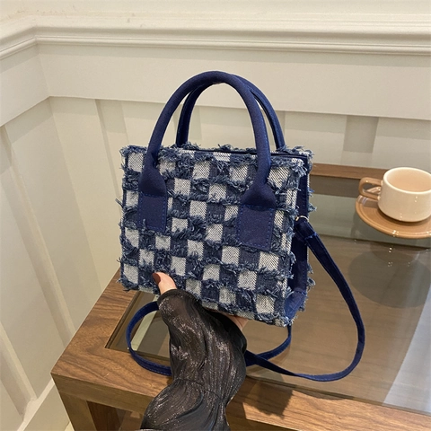 Checkerboard Denim Umhängetasche Für Damen Ausgefranste Kanten Fransen Kleine Quadratische Handtasche Trendy Casual Stoff Tote Verstellbarer Gurt