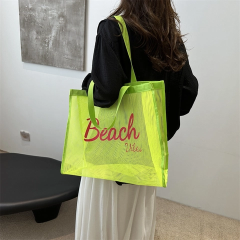 Borsa Tote in Rete di Grande Capacità alla Moda per Donna Borsa a Mano da Spiaggia in Nylon Traspirante Casual con Stampa a Lettere