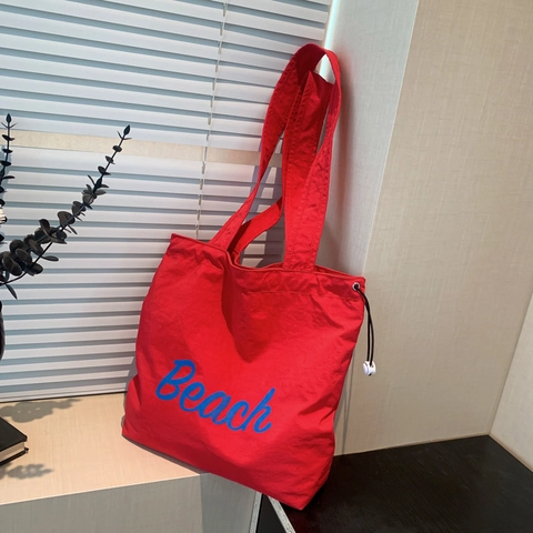 Canvas Shopper Tasche Grosse Kapazität Kordelzug Buchstaben Aufdruck Beach Schultertasche Damen Lässig Pendeln Einkaufen