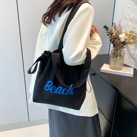 Canvas Shopper Tasche Grosse Kapazität Kordelzug Buchstaben Aufdruck Beach Schultertasche Damen Lässig Pendeln Einkaufen