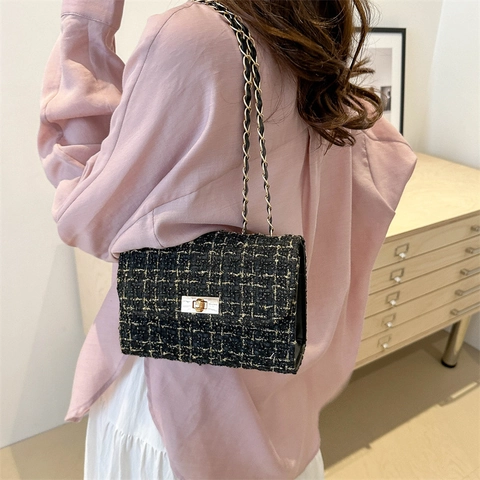 Vintage Tweed Chain Shoulder Bag For Women Gold Silk Plaid Small Square Crossbody Bag Elegant Party Evening Handbag