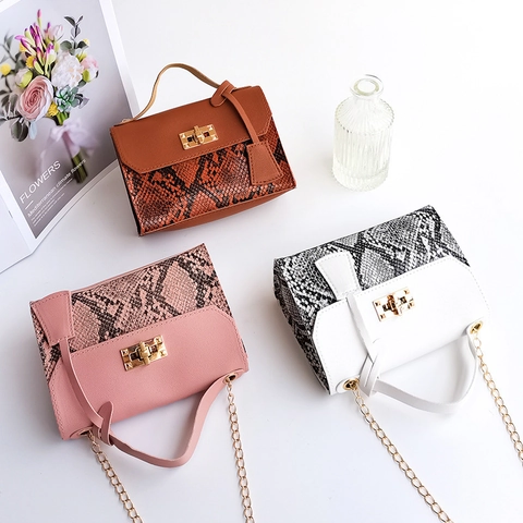 Fashion Women Snake Print Color Block Small Square Crossbody Bag PU Leather Twist Lock Metal Chain Shoulder Handbag
