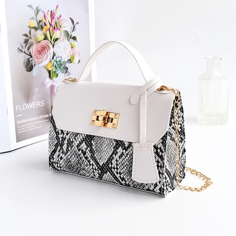 Fashion Women Snake Print Color Block Small Square Crossbody Bag PU Leather Twist Lock Metal Chain Shoulder Handbag