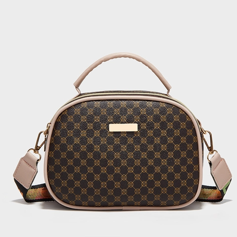 Women Retro Printed Handbag PU Leather Clover Pattern Shell Crossbody Bag With Wide Colorful LOVE Strap Fashion Purse