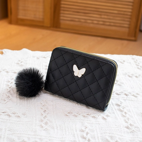 Women's PU Leather Quilted Diamond Lattice Short Wallet With Butterfly Decoration And Pom-Pom Zipper Coin Purse Card Holder