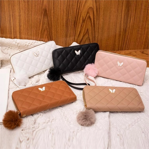 Women Quilted Long Wallet With Embroidered Butterfly Metal Buckle And Plush Ball Charm Fashion PU Leather Zip Clutch Handbag With Wristlet