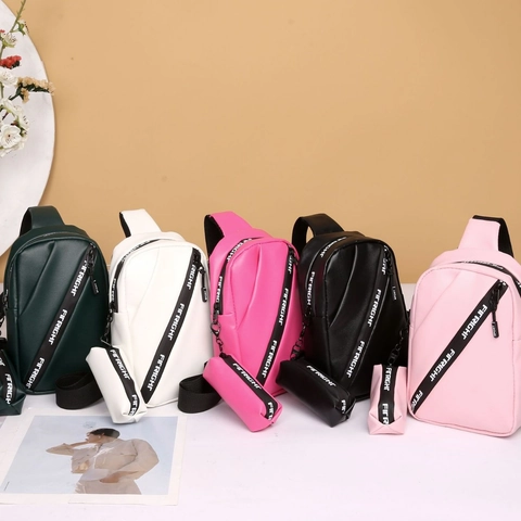 Ensemble Sac De Poitrine En Cuir PU Mode Pour Femmes Sac À Bandoulière Sportif Avec Mini Pochette Pendentif Sangle Imprimée Lettres