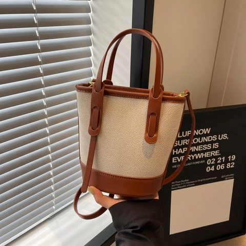 Frauen Eimer Tasche Retro Leinwand Leder Patchwork Handheld Crossbody Schulter Handtasche Täglich Lässig Stilvoll Für Dame