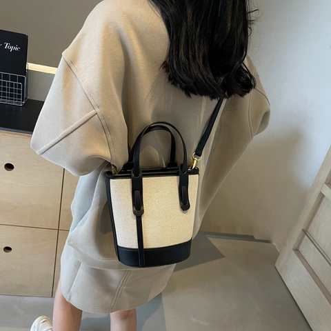 Frauen Eimer Tasche Retro Leinwand Leder Patchwork Handheld Crossbody Schulter Handtasche Täglich Lässig Stilvoll Für Dame