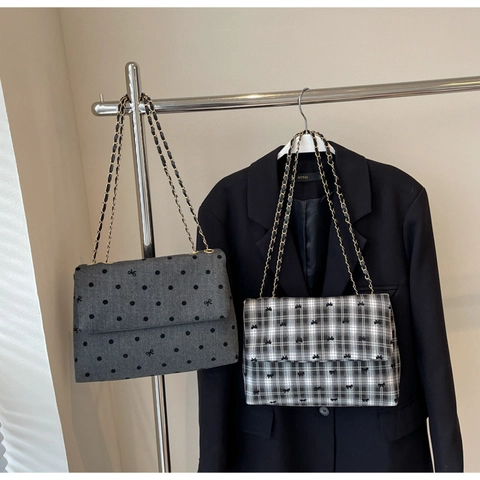 Retro Woolen Shoulder Bag Plaid Polka Dot Bow Decor Metal Chain Strap Flap Square Tote Crossbody Bag For Women
