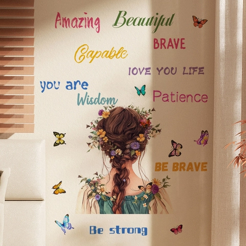 Inspirierende Mädchen Mit Blumen Und Schmetterlingen Wandtattoos PVC Selbstklebende Wandaufkleber Für Schlafzimmer Wohnzimmer