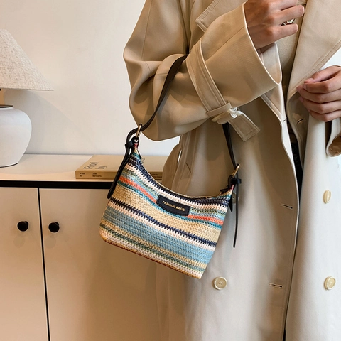 Borsa Sottobraccio Intrecciata A Righe Arcobaleno In Paglia Borsa A Tracolla Grande Capacità Stile Boho Per Donna