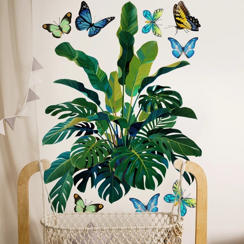 PVC Grüne Pflanze Blume Schmetterling Wandaufkleber Für Wohnzimmer Schlafzimmer Küche Home Decor Selbstklebende Wandtattoos