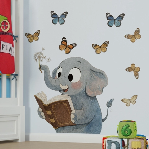Autocollants Muraux Éléphant De Dessin Animé Lisant Un Livre PVC Papillons Pissenlit Décor Pour Chambre D'Enfant Chambre