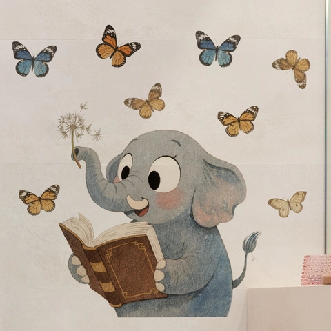 Autocollants Muraux Éléphant De Dessin Animé Lisant Un Livre PVC Papillons Pissenlit Décor Pour Chambre D'Enfant Chambre