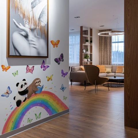 Stickers Muraux Panda Paresseux Lisant Sur Arc En Ciel Aquarelle Papillons Colorés Décalcomanies PVC Pour Chambre Enfant