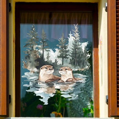 Adesivi Per Finestre Lontra Foresta Pini Acquerello PVC Adesivi Vetro Doppia Faccia Animali Simpatici Decorazione