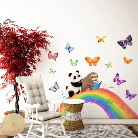 Stickers Muraux Panda Paresseux Lisant Sur Arc En Ciel Aquarelle Papillons Colorés Décalcomanies PVC Pour Chambre Enfant