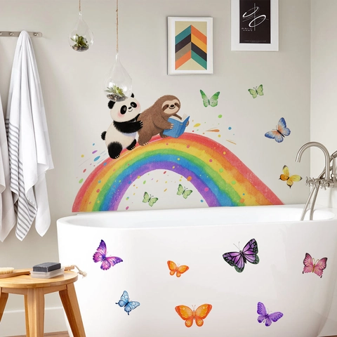 Cartoon Animal Reading Books Wall Stickers Waterproof PVC Butterfly Rainbow Wall Decals For Kids Room Nursery Home Decor