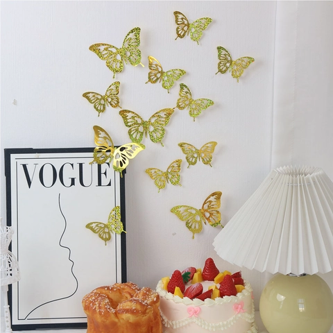 3D Hollow Glitter Butterfly Wall Stickers Metallic Butterfly Wall Decor For Living Room Bedroom Wedding Party Home Decoration
