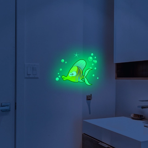 Autocollants Muraux Lumineux Brille Dans Le Noir Poisson Tropical Dessin Animé Bulles Étoile PVC Imperméable Déco Salle Bain