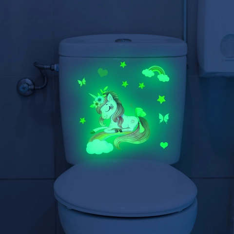 Leuchtende Einhorn Wandaufkleber Leuchten Im Dunkeln PVC Wasserdichte Toilettenaufkleber Regenbogen Stern Cartoon Kinderzimmer
