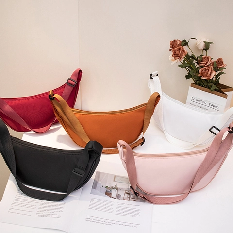Minimalist Half Moon Shoulder Bag Lightweight Nylon Fabric Crossbody Dumpling Bag Adjustable Strap For Women Girls Daily Casual