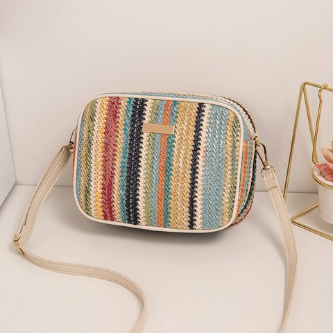 Damen Bunt Gestreifte Strohgewebte Schultertasche Sommer Strand Umhängetasche Mit PU Lederband Kleine Quadratische Kameratasche
