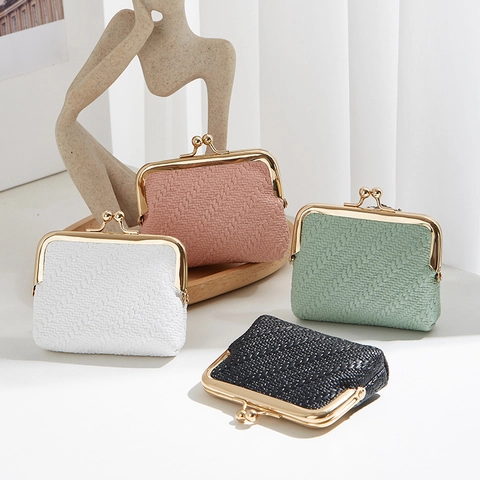 Women Woven Texture Shell Coin Purse Mini PU Leather Kiss-Lock Clutch Bag Retro Small Wallet For Coins Keys Earphones
