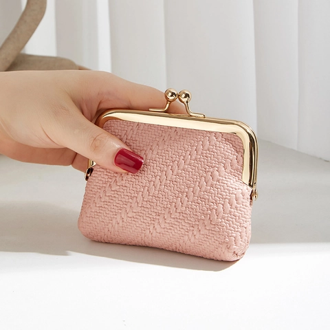Women Woven Texture Shell Coin Purse Mini PU Leather Kiss-Lock Clutch Bag Retro Small Wallet For Coins Keys Earphones