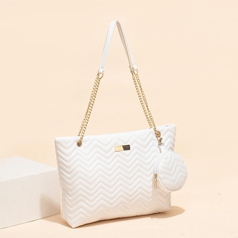 Chevron Quilted Shoulder Bag With Mini Round Pouch PU Leather Gold Chain Strap Elegant Simple Tote For Women