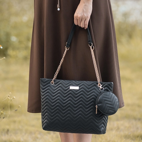 Chevron Quilted Shoulder Bag With Mini Round Pouch PU Leather Gold Chain Strap Elegant Simple Tote For Women