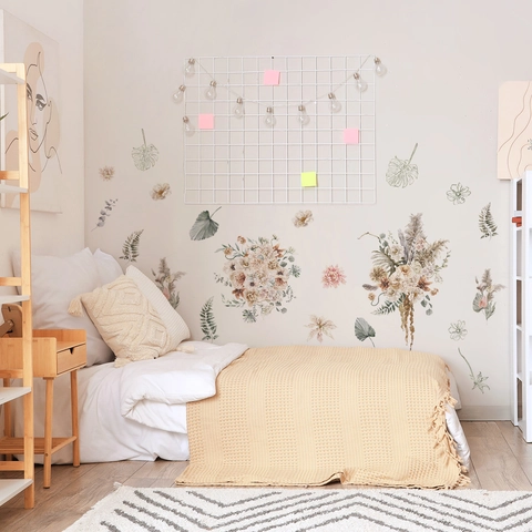 Pegatinas De Pared Ramo De Flores PVC Impermeable Bohemio Pintado A Mano Hojas Plantas Decoración De Sala