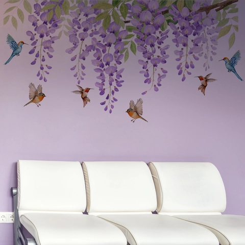 Sticker Mural Glycine Violette Et Colibri Aquarelle Peinte à La Mano Vigne Florale PVC Décalcomanie Pour Chambre Salle De Bain Décor