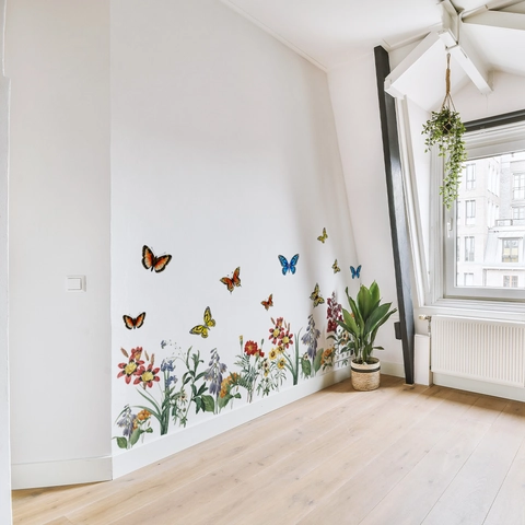 Watercolor Flower And Butterfly Wall Stickers Self Adhesive PVC Decals For Bedroom Living Room Home Decor Aesthetic Nature