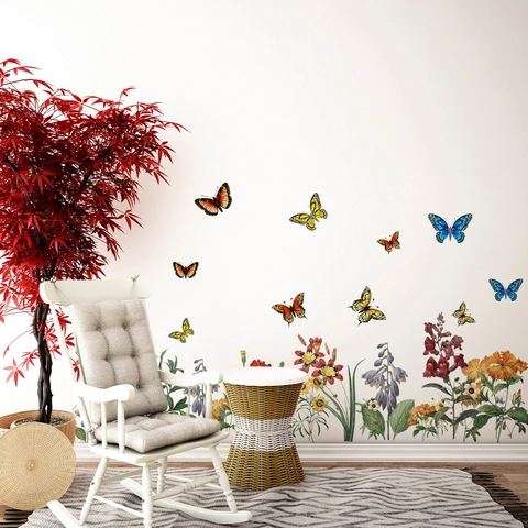 Watercolor Flower And Butterfly Wall Stickers Self Adhesive PVC Decals For Bedroom Living Room Home Decor Aesthetic Nature