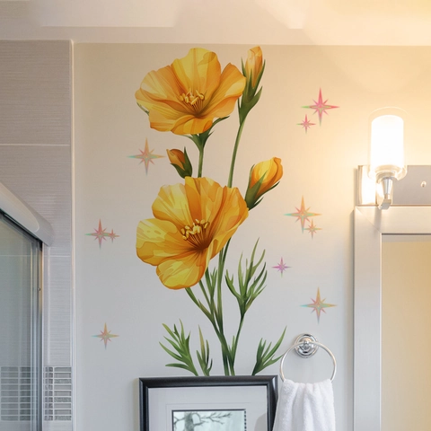 Yellow Poppy Floral Wall Sticker Waterproof PVC Self Adhesive Watercolor Flower Star Decal For Bathroom Living Room Home Decor