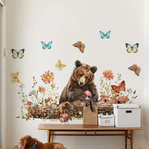 Waldbaer Wandaufkleber Aquarell Waldtiere Schmetterling Pilz PVC Selbstklebende Dekoration Fuer Kinderzimmer Babyzimmer