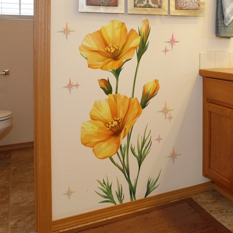 Yellow Poppy Floral Wall Sticker Waterproof PVC Self Adhesive Watercolor Flower Star Decal For Bathroom Living Room Home Decor