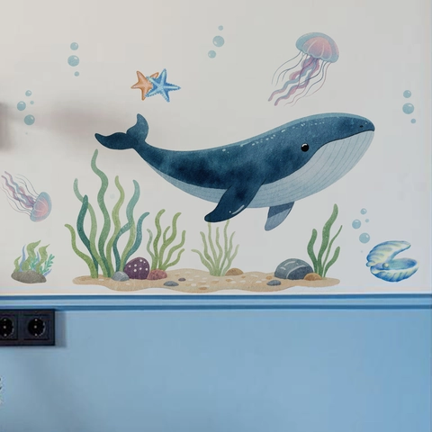 Autocollants Muraux Baleine Monde Océan Aquarelle Peints À La Main Créatures Marines Pour Chambre Enfant Salle De Bain Décor PVC