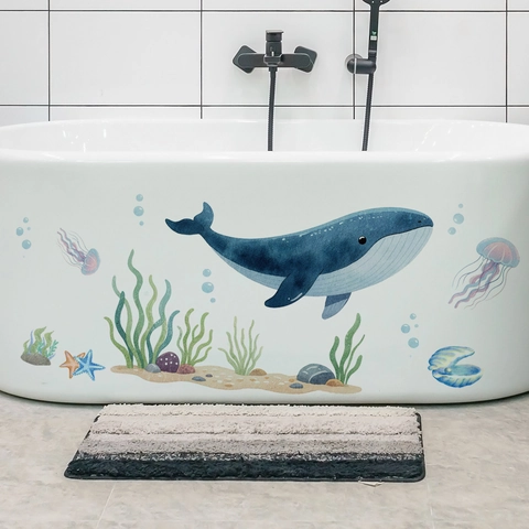 Autocollants Muraux Baleine Monde Océan Aquarelle Peints À La Main Créatures Marines Pour Chambre Enfant Salle De Bain Décor PVC