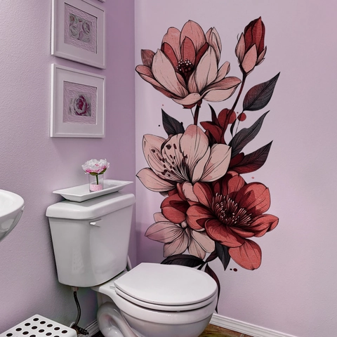 Adesivi Murali Floreali PVC Autoadesivi Decorazione Fiore Rosso Per Camera Da Letto Bagno Casa Dipinto A Mano Estetico