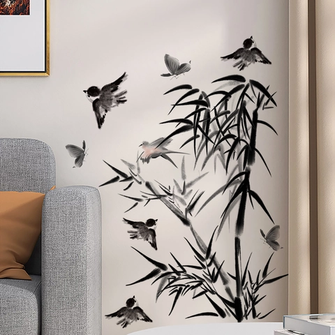 Wall Sticker PVC Self-Adhesive Waterproof Chinese Ink Wash Style Bamboo Birds Butterfly Home Decor Living Room Bedroom Office
