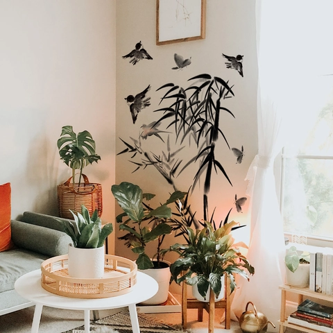 Wall Sticker PVC Self-Adhesive Waterproof Chinese Ink Wash Style Bamboo Birds Butterfly Home Decor Living Room Bedroom Office