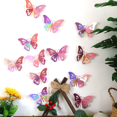 Autocollants Muraux Papillon Creux 3D Laser Iridescent Holographique Effet Miroir DIY Pour Mariage Fête Chambre Salon