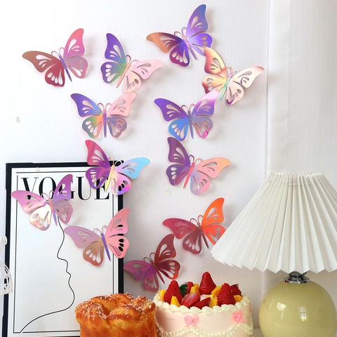 Autocollants Muraux Papillon Creux 3D Laser Iridescent Holographique Effet Miroir DIY Pour Mariage Fête Chambre Salon