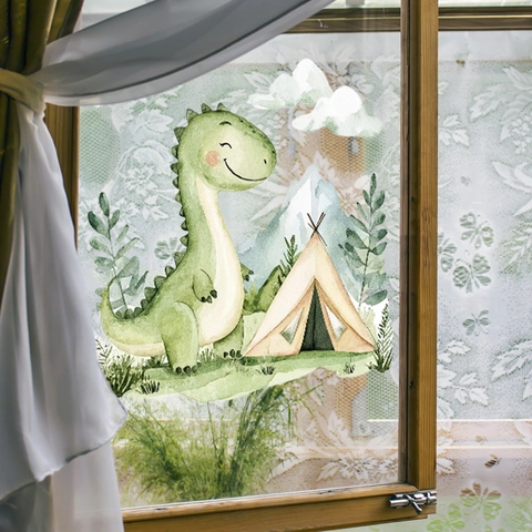 Cartoon Dinosaurier Aquarell Fensteraufkleber Doppelseitig PVC Dekor Kinderzimmer Zelt Berg Muster